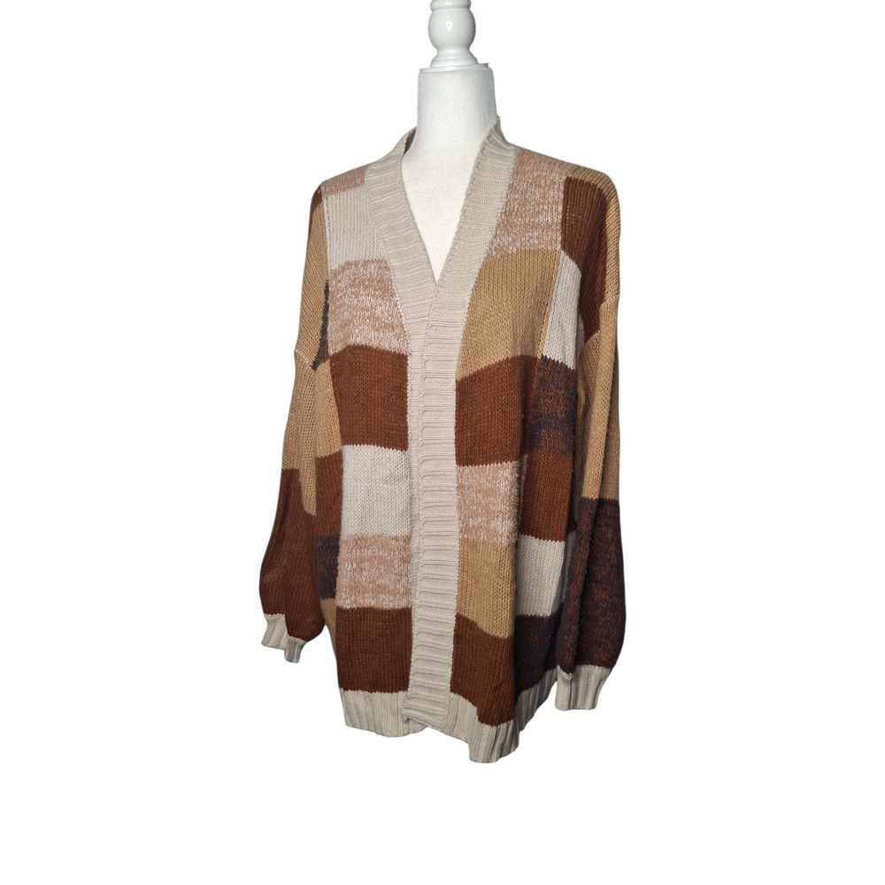 BiBi Colorblock Checkered Oversized Cardigan Sweater Brown Tan XL IP6271-01 *